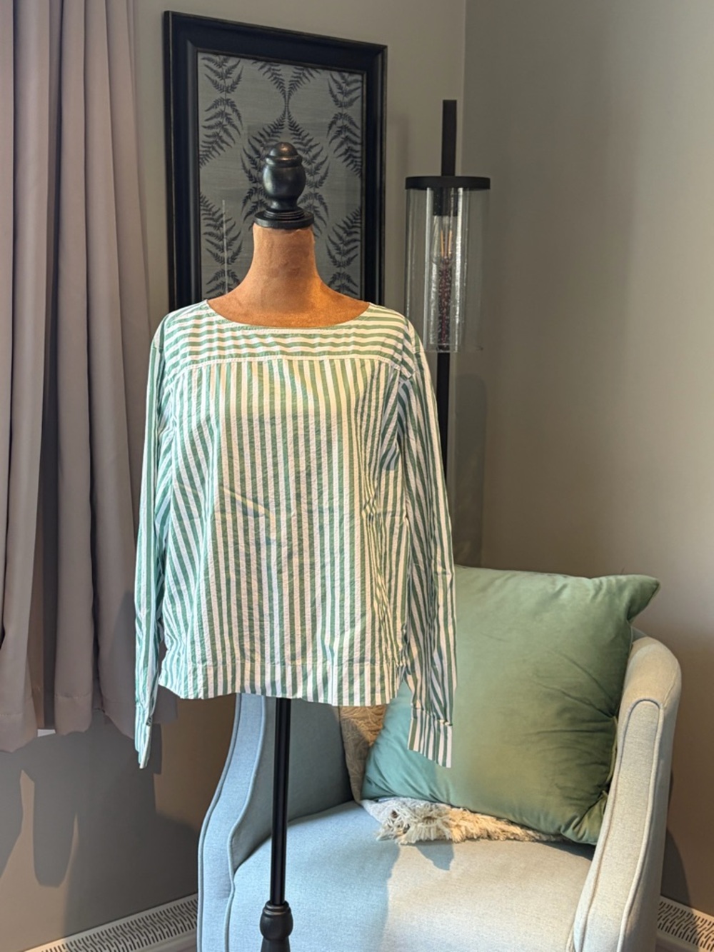 Loft Striped Green and White Cotton Boatneck Top